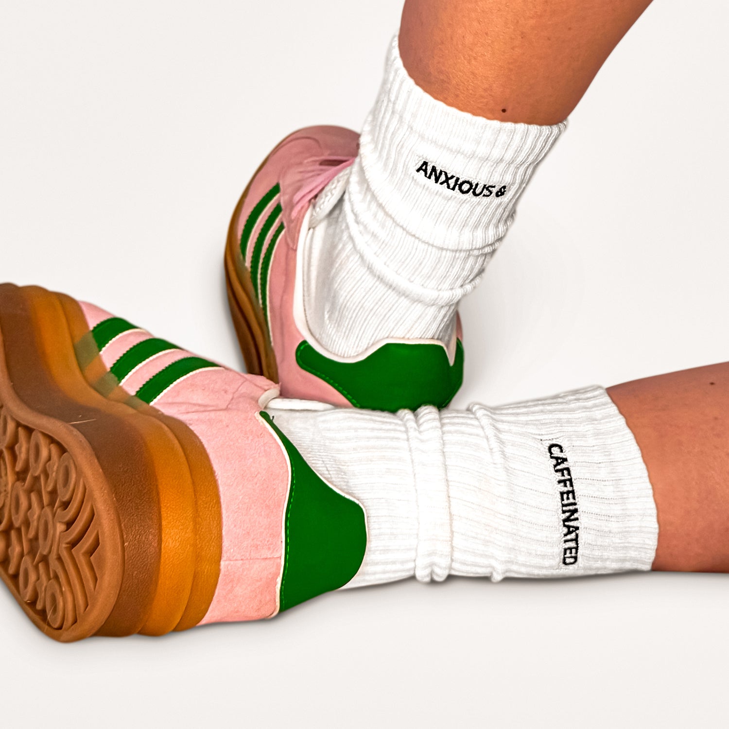 Cheeky Socks Pair UK white slogan socks anxious and caffeinated funny socks